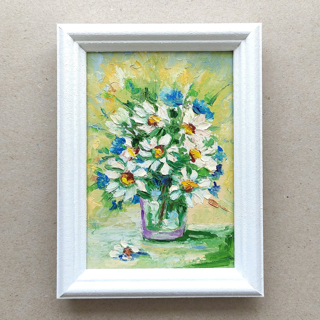 雏菊花束原创绘画，花卉艺术品，Impasto Floral Wall Art 手工油画 - 海报/装饰画/版画 - 其他材质 多色