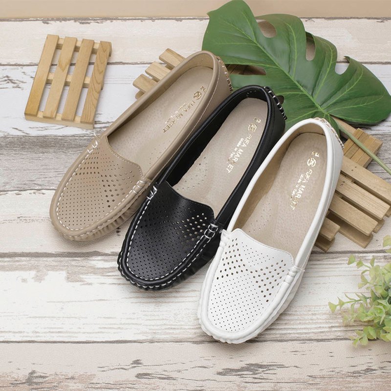 交叉洞洞素面莫卡辛鞋-黑/白/杏 1DR79 - 芭蕾鞋/娃娃鞋 - 人造皮革 白色