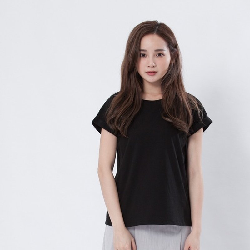 素面小蜜桃寬版方袖T恤/黑色 - 女装 T 恤 - 棉．麻 黑色