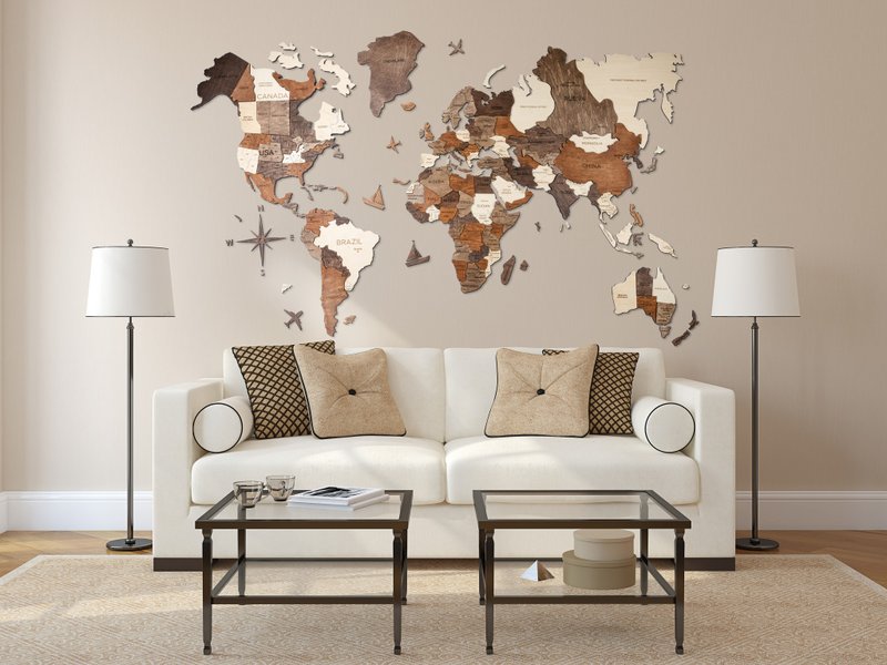 Wood World Map, Home Decor, World Map, 3D Printed Map, Wall Decor - 墙贴/壁贴 - 木头 