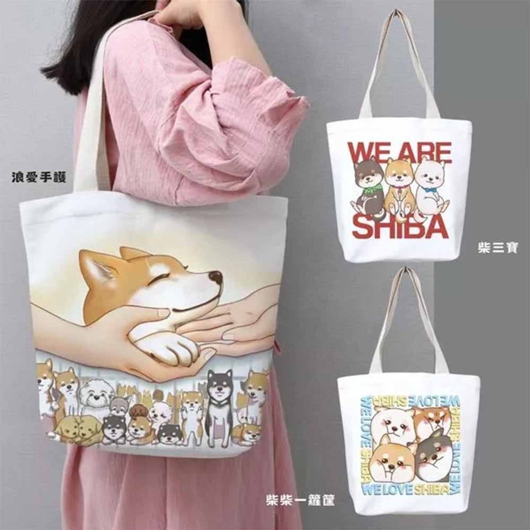 柴犬大学 棉质帆布包 A4可装 柴犬帆布包 柴犬包包 单肩包 购物袋 - 手提包/手提袋 - 棉 白色