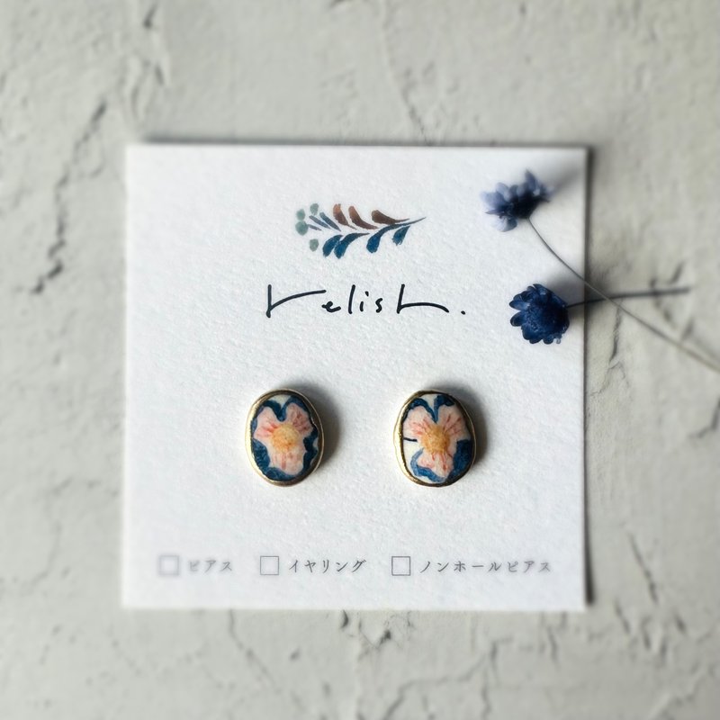 【再贩】大轮 彩色花朵 陶瓷 金继 耳环 耳夹 无耳洞耳饰 螺旋夹式 夹式 花朵 个性 独特 蓝色 橘色 金色 - 耳环/耳夹 - 陶 蓝色