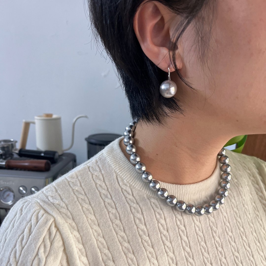 12mm灰色大珍珠项链 choker 礼盒套装 - 项链 - 贝壳 灰色