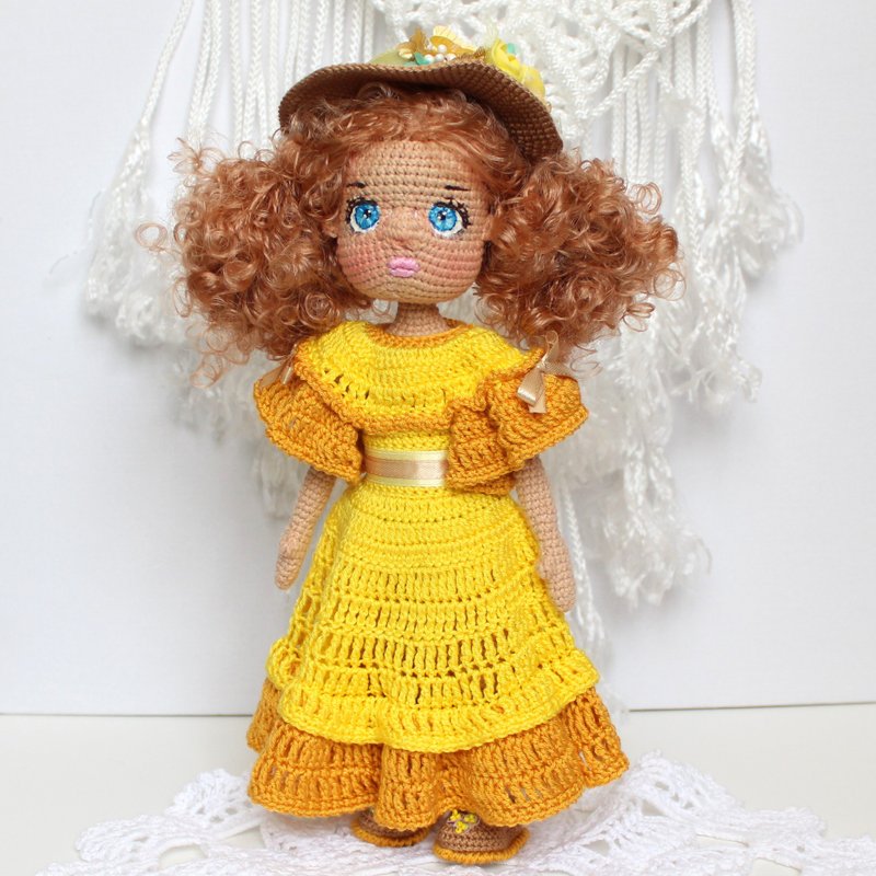 Collectible doll in yellow dress Personalized handmade doll gift for girl - 玩偶/公仔 - 其他材质 黄色