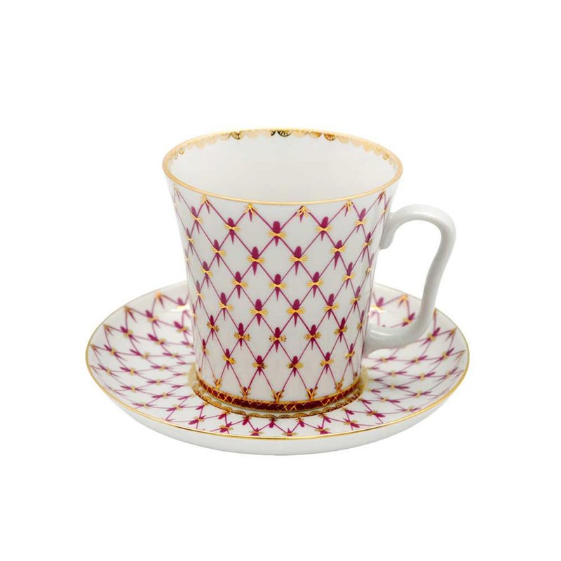 粉红网格 22K金手工 350ml 马克杯盘组 - 咖啡杯/马克杯 - 瓷 粉红色