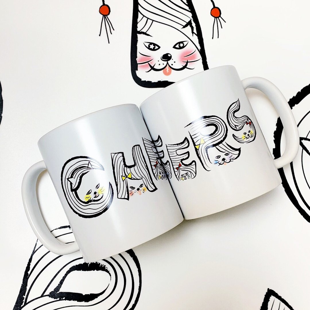 发型猫 原创雾面暖心CHEERS马克杯 一起喝一杯吧 - 咖啡杯/马克杯 - 瓷 白色