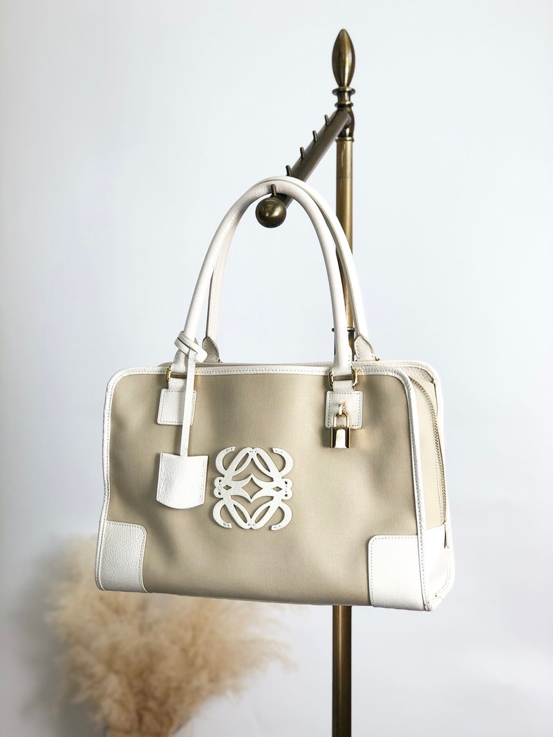 【日本直送 名牌中古包】LOEWE 罗威亚 亚马逊手提包 米白 Anagram 帆布皮革 波士顿包 csgap3 - 手提包/手提袋 - 棉 咖啡色