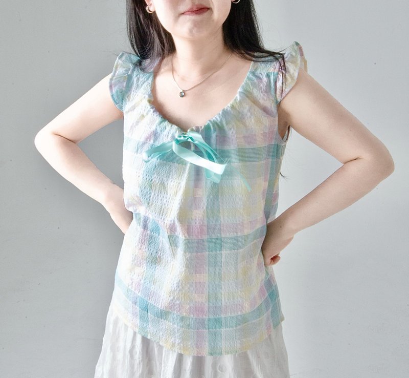 【古早风】森系古着/飞袖蝴蝶结吊带 - 女装背心 - 其他材质 多色