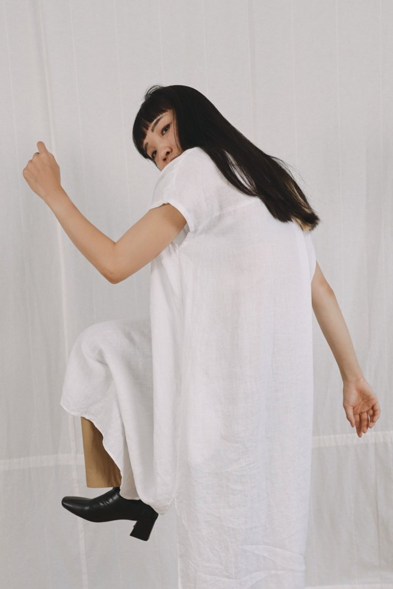 亚麻长洋装 - 白 - 洋装/连衣裙 - 棉．麻 白色