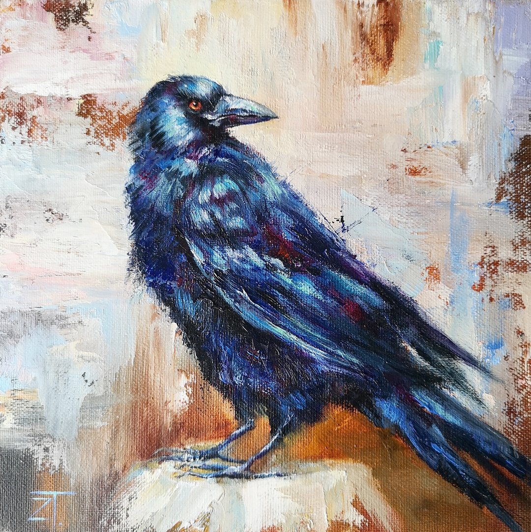 Raven Oil Painting Original Wall Art on canvas panel 25x25cm - 海报/装饰画/版画 - 其他材质 