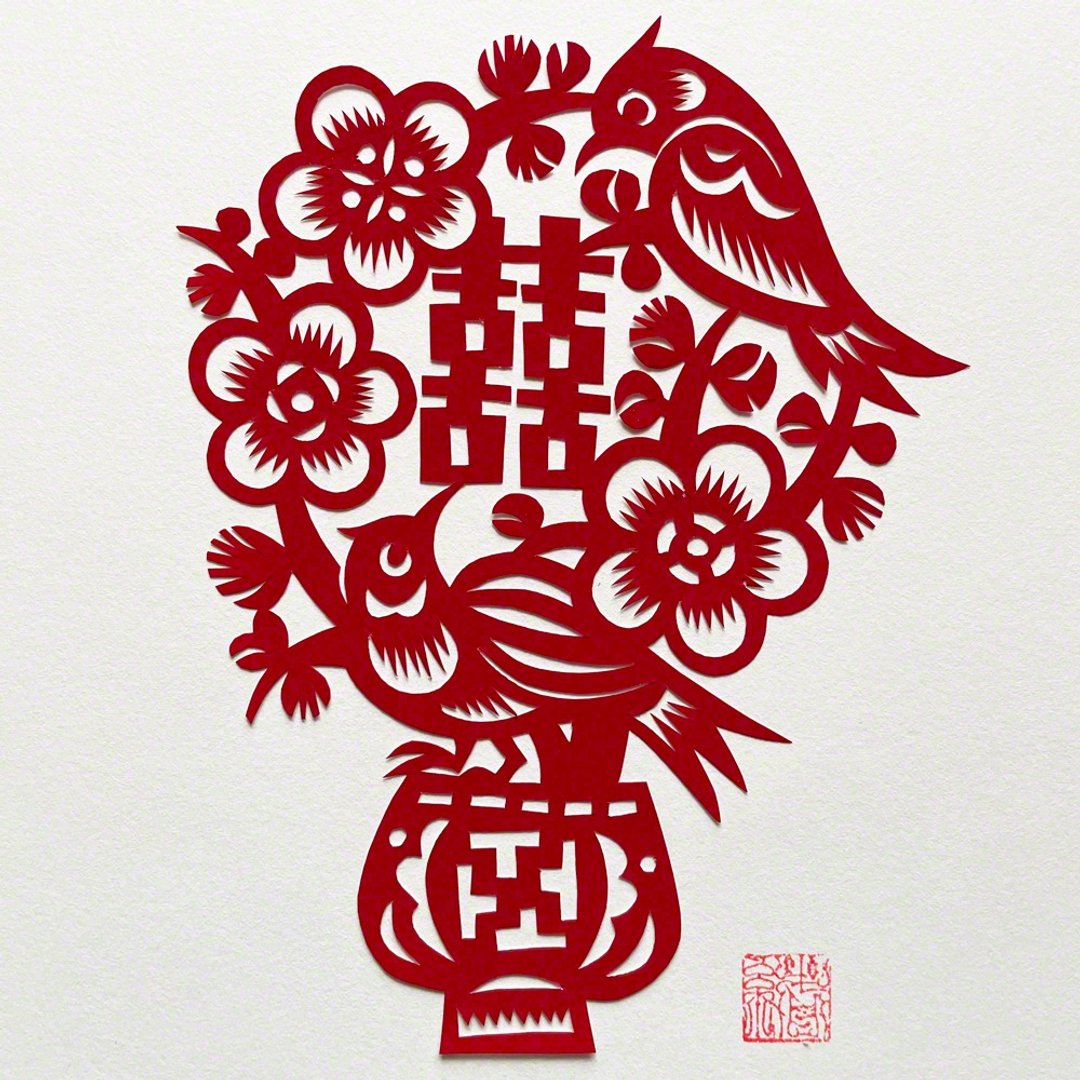 Made-to-order paper cutout, magpie and plum Kijo Mayuko - 海报/装饰画/版画 - 纸 红色