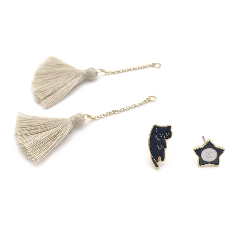 黑猫 夜晚星空陪伴 猫咪 生日礼物 流苏 耳环 夹式耳环 - 耳环/耳夹 - 珐琅 