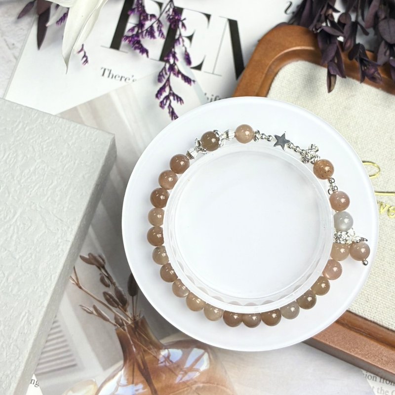 原创设计 暖月奶茶 天然水晶手链| 彩月光石|能量手链 治愈 心 - 手链/手环 - 水晶 卡其色