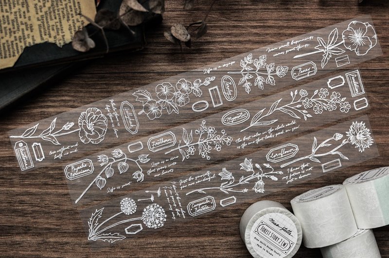 森林物语2纸胶带(白墨)-手帐/4cm-雾面PET上白墨带离型纸 - 纸胶带 - 塑料 多色