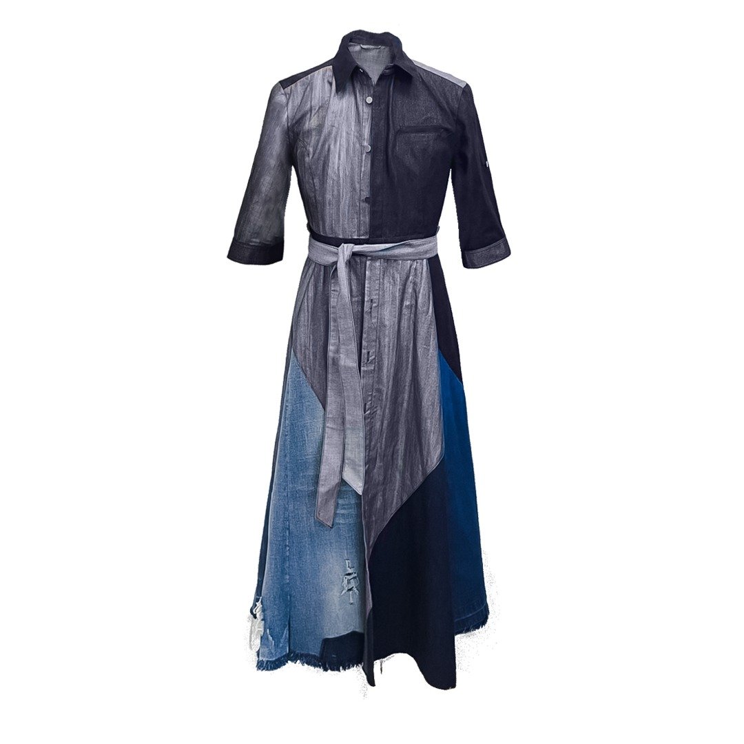 【Story Wear】手工丹宁天丝棉拼接灰色翻袖长洋装 - 洋装/连衣裙 - 棉 蓝色