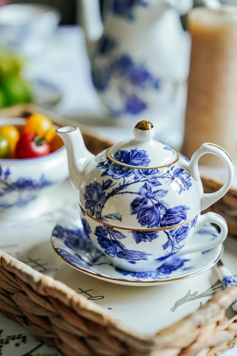 英国Aynsley 蓝玫瑰系列 骨瓷独享杯壶组 - 茶具/茶杯 - 瓷 蓝色