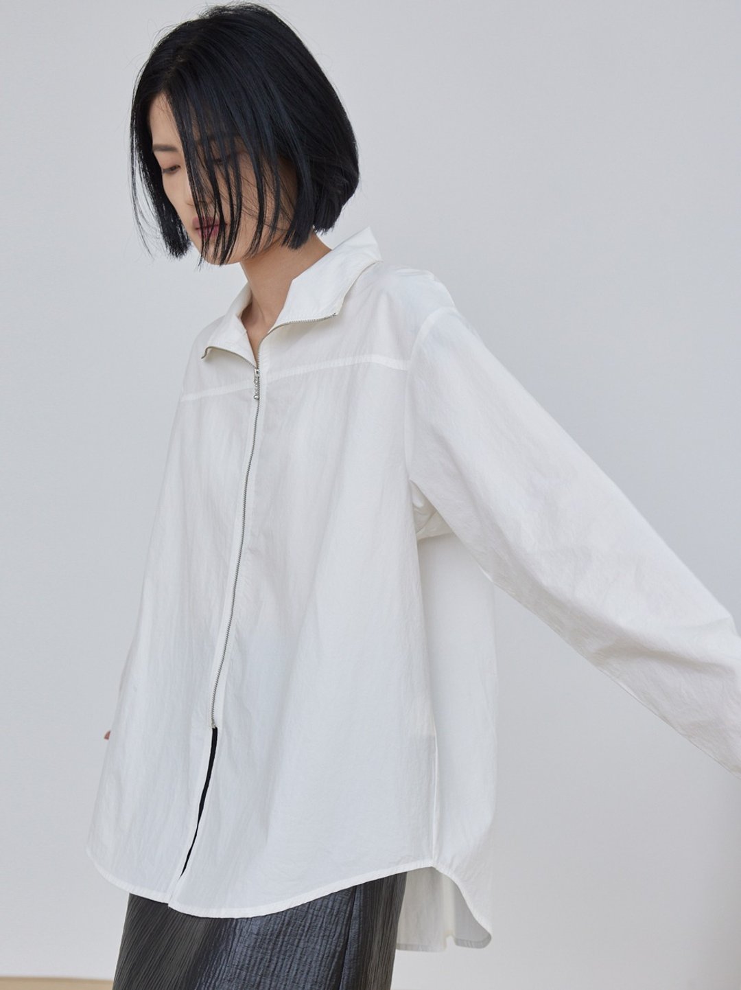 白色 2色 极简Tri to Lemaire立领拉链宽松衬衫 袖口抽褶廓形衬衣 - 女装衬衫 - 棉 白色