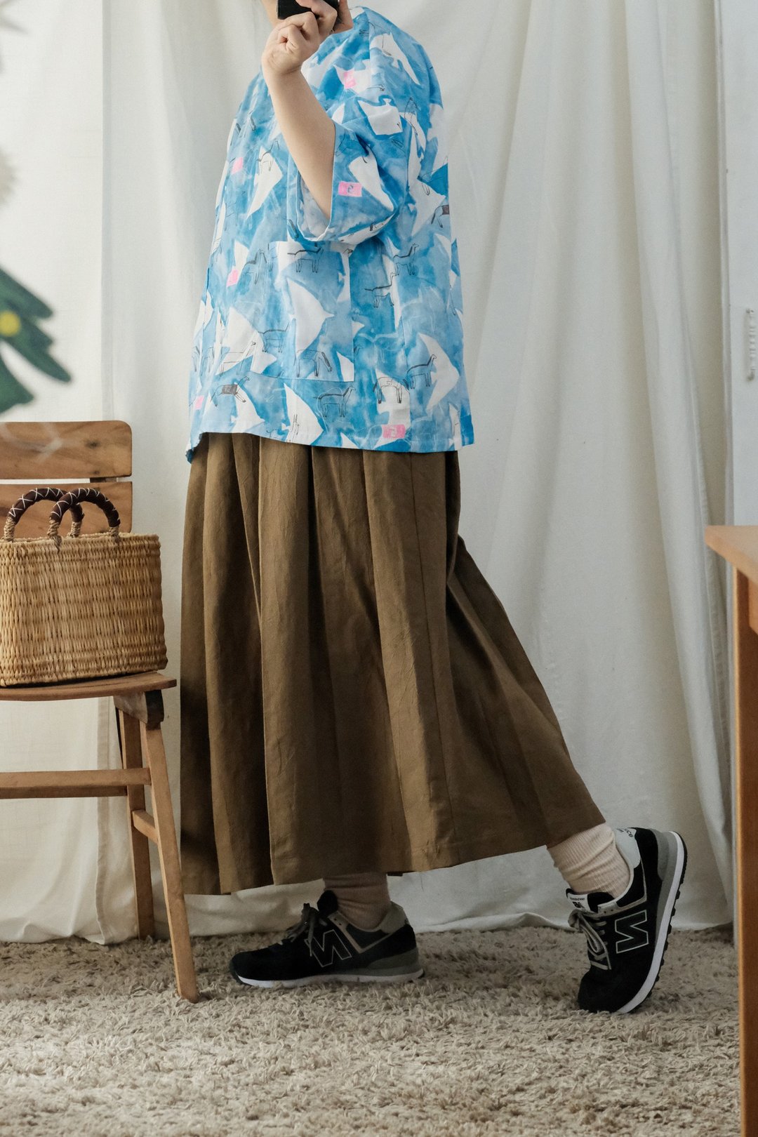 青空夏日森林 有袖四方衣 - 女装上衣 - 棉．麻 蓝色