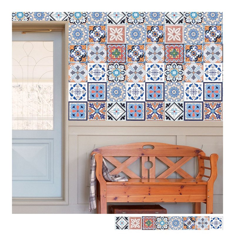 复古花砖壁贴 B款 欧风自黏壁纸 瓷砖墙贴 磁砖贴纸 踢脚线 防水 - 墙贴/壁贴 - 塑料 蓝色