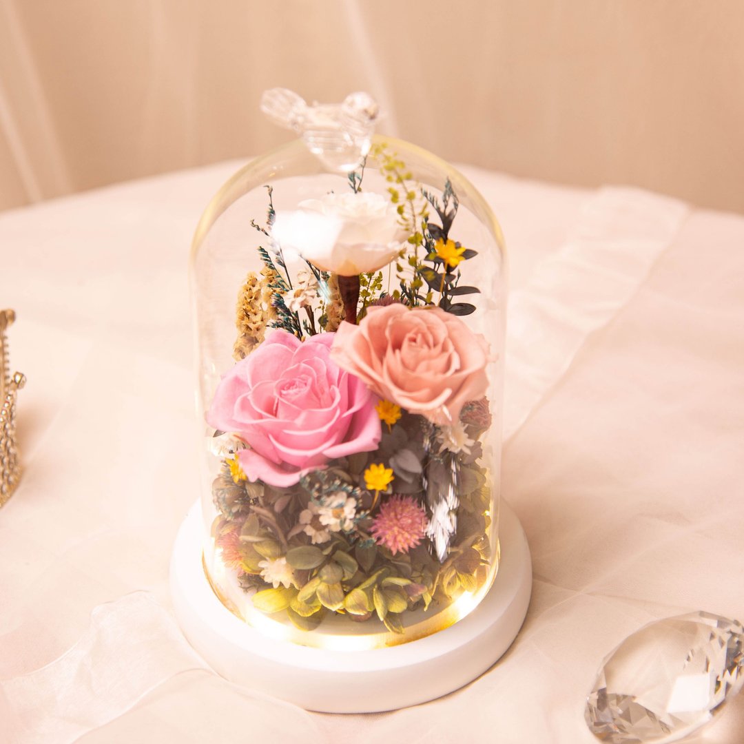 【庭园】永生花 干燥花 LED 玻璃罩 夜灯 / 生日 新居 情人节 女 - 灯具/灯饰 - 植物．花 粉红色