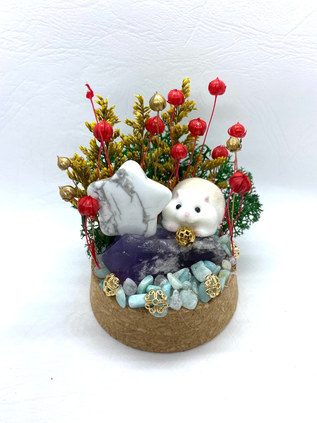 喜气花园。仓鼠与白松石星星/紫水晶-手工玻璃罩公仔/水晶/干燥花 - 摆饰 - 水晶 