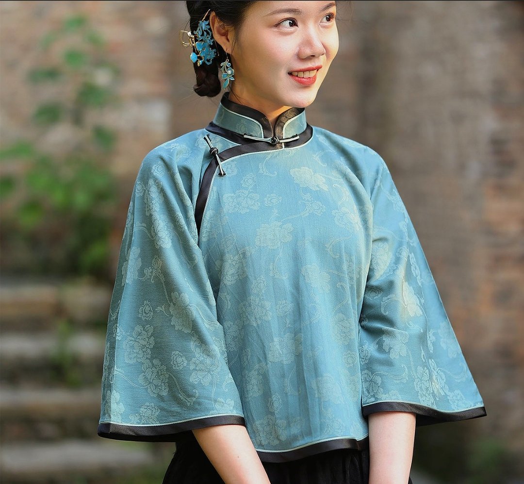 【松烟如墨】民国复古风 圆摆中式倒大袖旗袍上衣 - 女装上衣 - 棉 蓝色