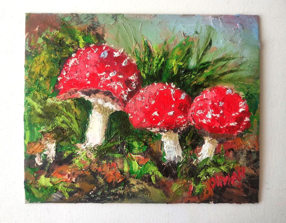 Fly Agaric Painting Mushroos Oil Painting Forest Original Art - 海报/装饰画/版画 - 其他材质 
