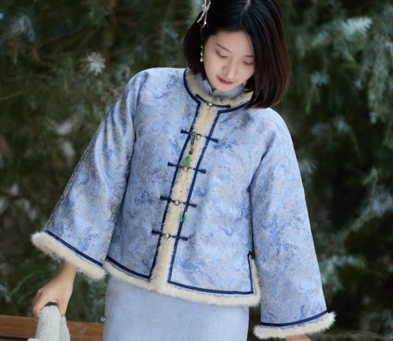 【栀烟水貂毛】 新中式復古/开襟织锦外套 - 女装上衣 - 其他材质 蓝色