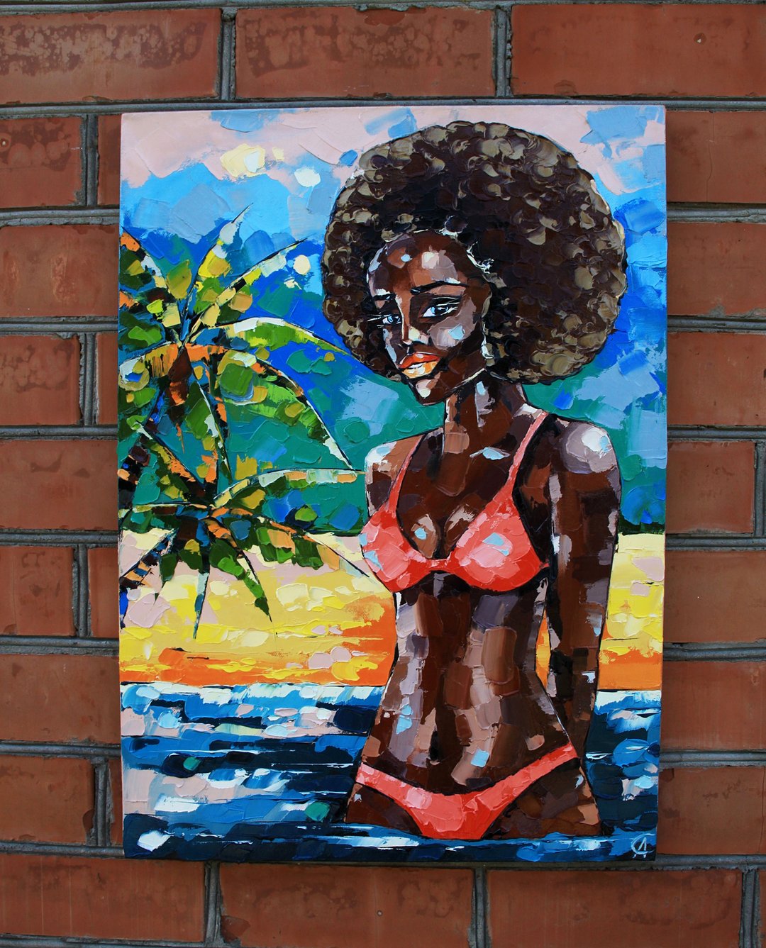 African Woman Painting Black Original Art Beach Wall Art Impasto Artwork Oi - 海报/装饰画/版画 - 其他材质 多色