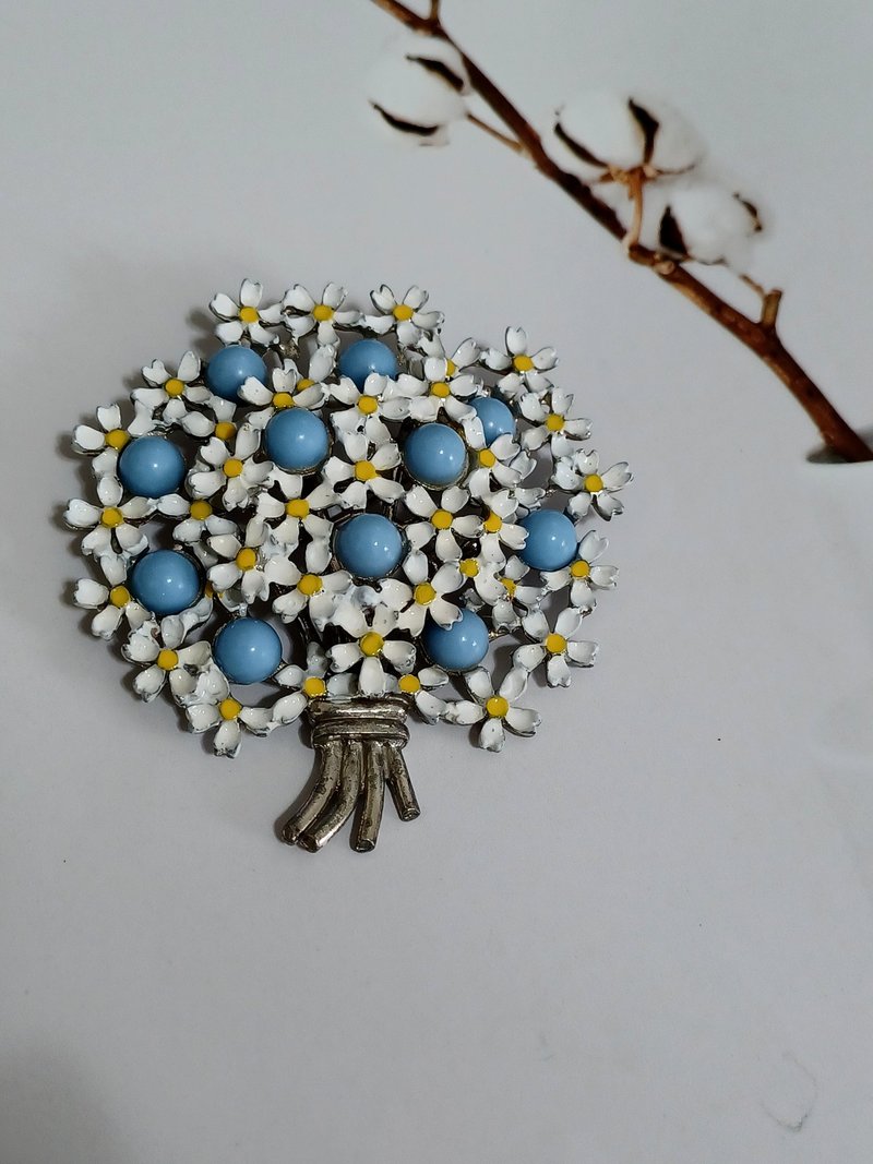 vintage jewelry 古董典雅珐琅 勿忘我花束别针 - 胸针 - 其他金属 