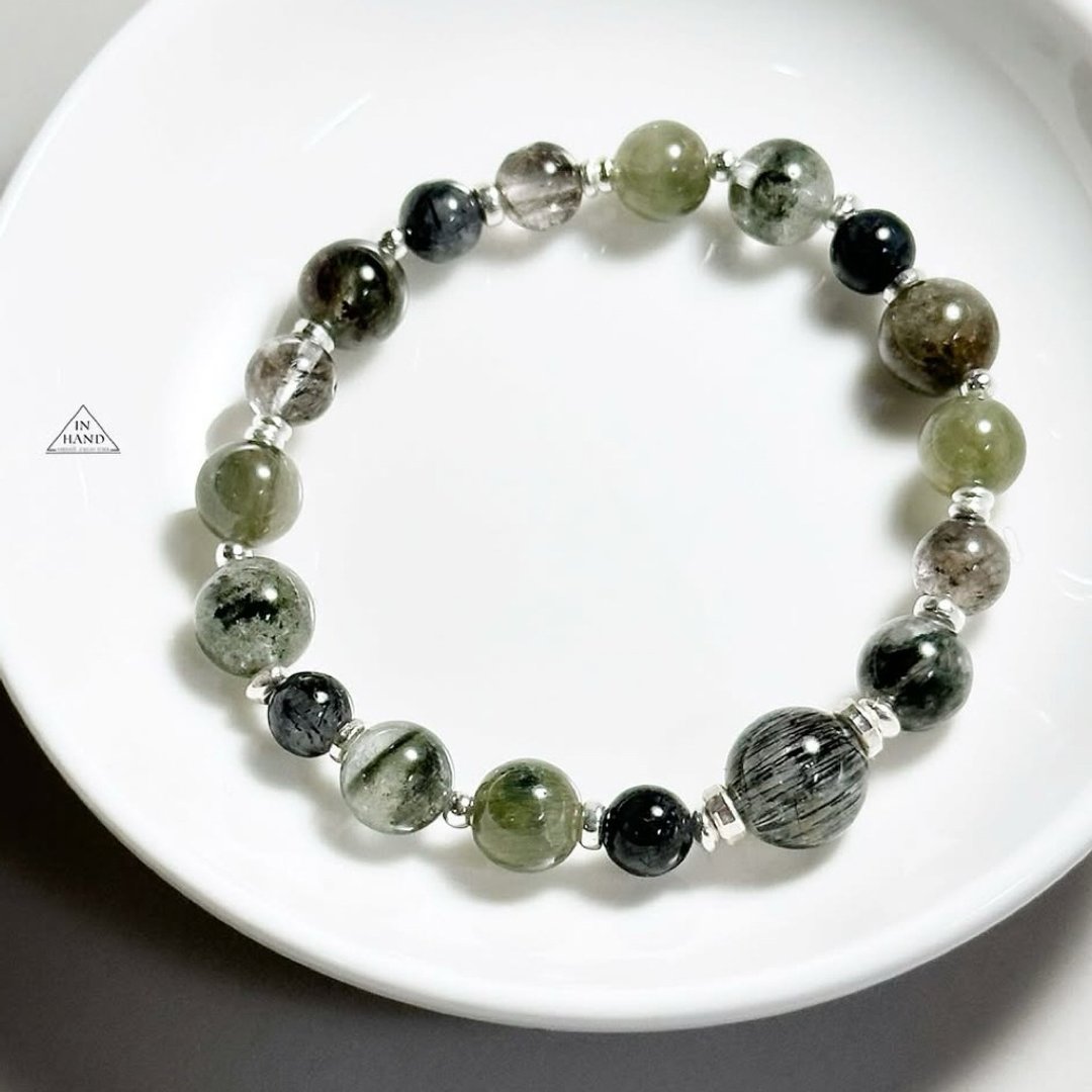 黎明的森林秘境-绿幽灵.黑发晶 闪灵钻-纯银设计款 - 手链/手环 - 水晶 绿色
