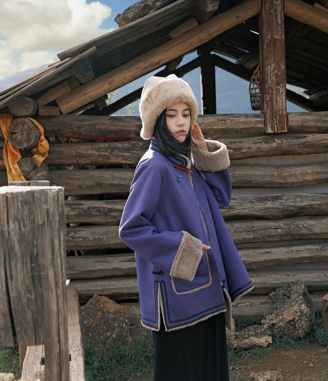 暮山紫復古藏服外套 / 羊羔絨加厚夾克 / 顯白溫暖紫色 - 女装休闲/机能外套 - 其他材质 蓝色