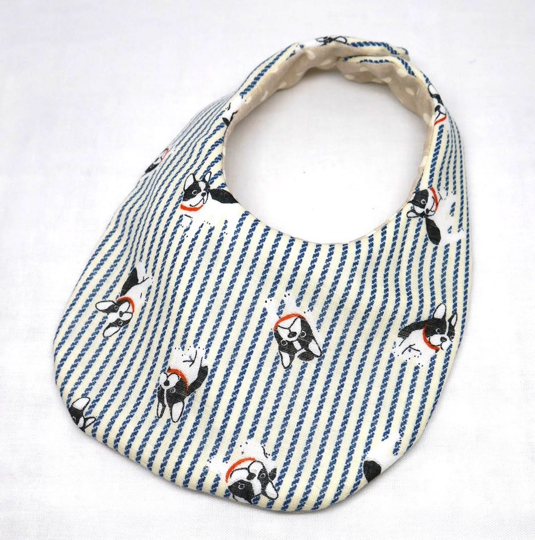 Japanese Handmade 4-layer-double gauze Baby Bib /Frenchbulldog blue - 围嘴/口水巾 - 棉 蓝色