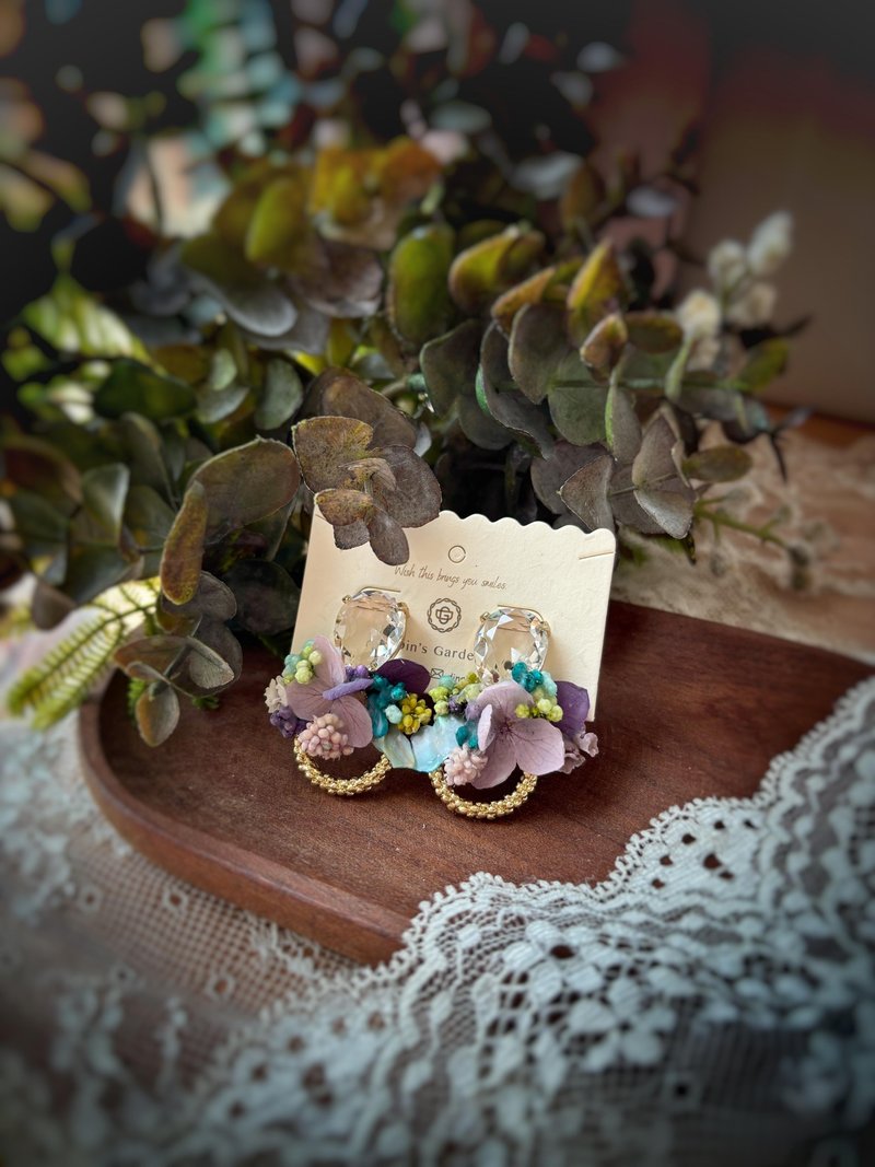 水钻耳钉配复古色花短耳环 - 耳环/耳夹 - 植物．花 紫色