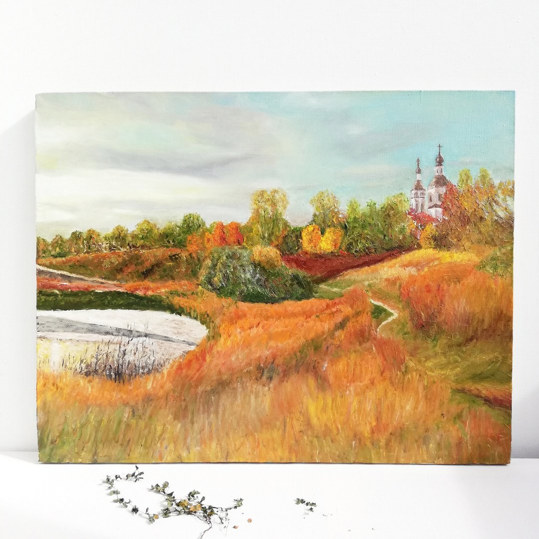Autumn Landscape Painting Lake Original Art Autumn Oil Painting Wall Home Art - 海报/装饰画/版画 - 棉 多色