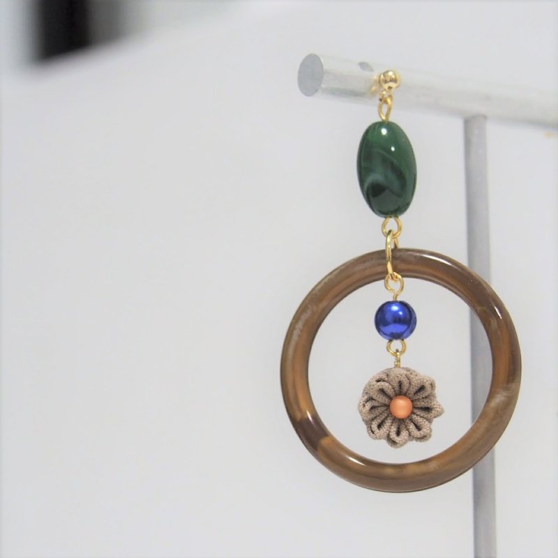 【复刻时光】啡祖母绿拼色定制耳环耳夹 14kgf 925 つまみ细工 - 耳环/耳夹 - 棉．麻 咖啡色