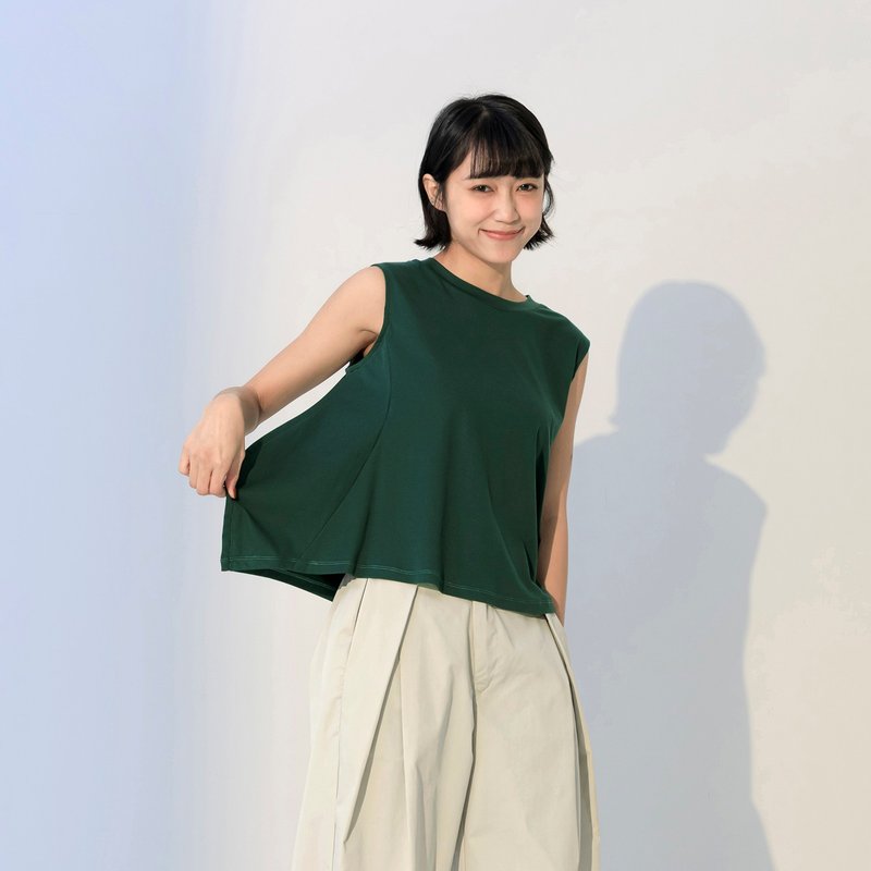 独特圆弧片针织无袖上衣 - 女装背心 - 棉 绿色