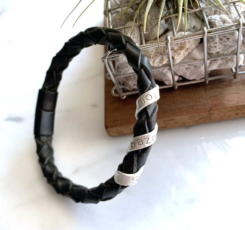 皮革编织/纯银段敲手环/定制化 - 手链/手环 - 纯银 黑色