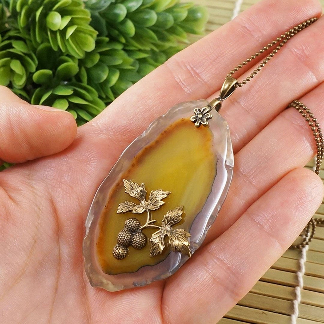Yellow Agate Slice Slab Necklace Raspberry Berries Pendant Necklace Jewelry Gift - 项链 - 半宝石 黄色