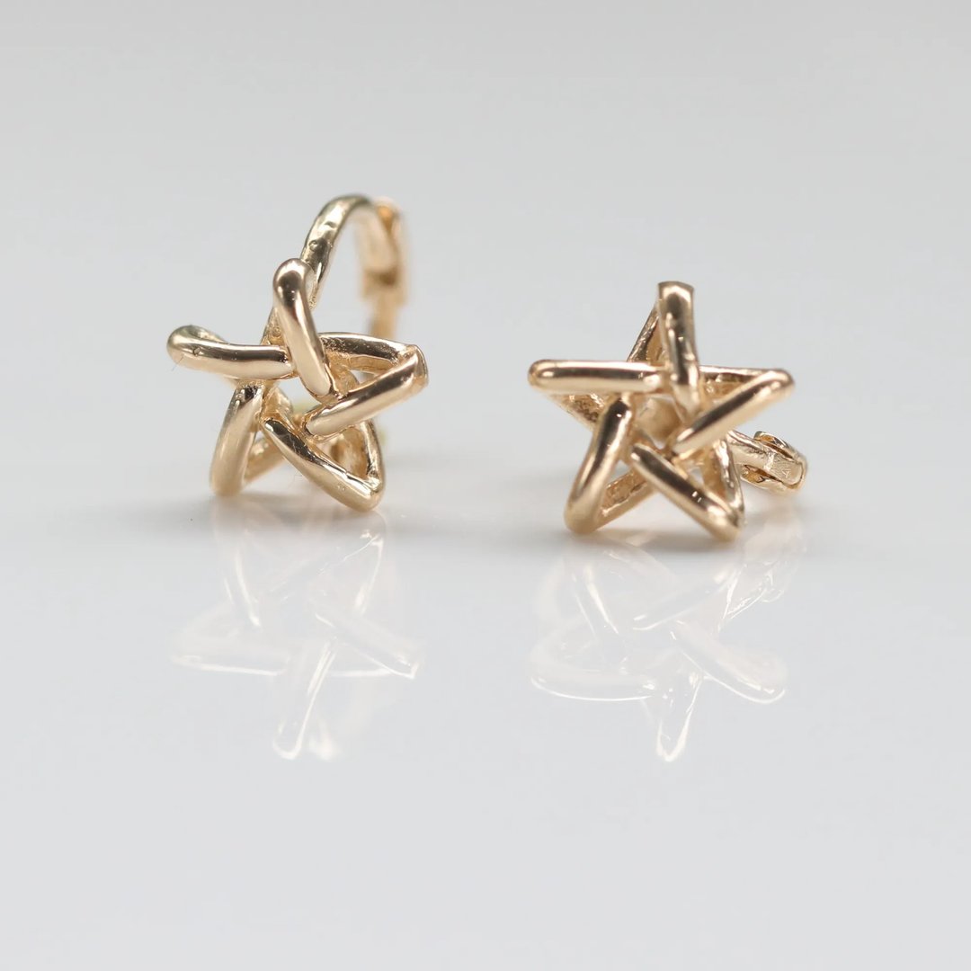 14K 手绘线条星星耳扣耳环(内径 6mm) - 耳环/耳夹 - 贵金属 金色