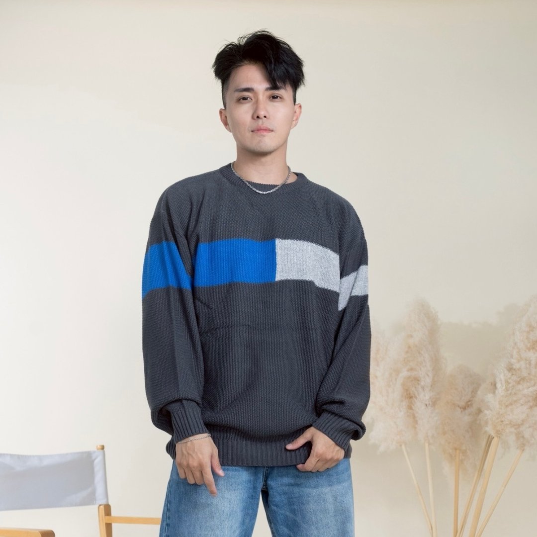 斑马配条圆领针织毛衣 两色 - 男装针织衫/毛衣 - 聚酯纤维 灰色