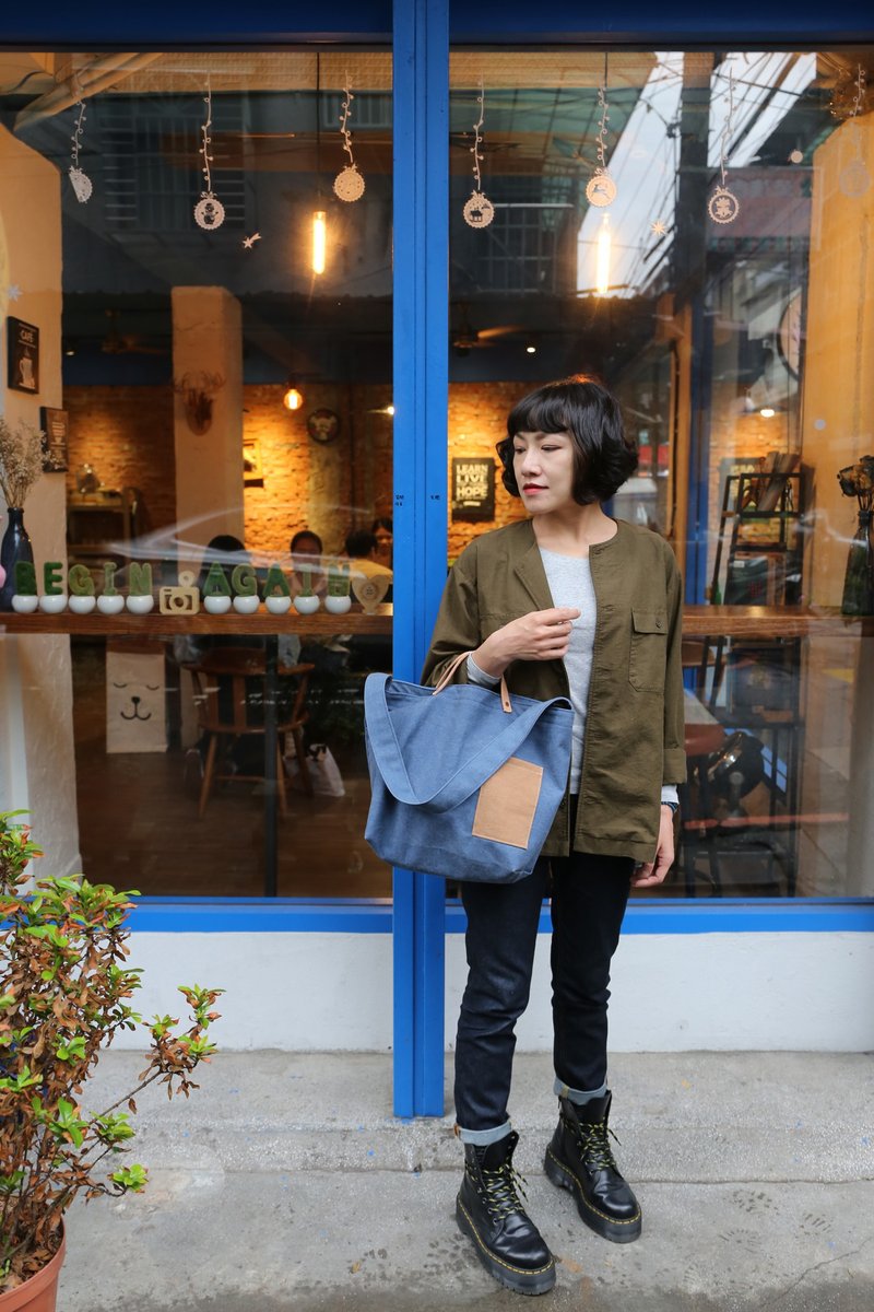 大容量 水洗帆布 皮革提把肩背包 - 侧背包/斜挎包 - 其他材质 蓝色