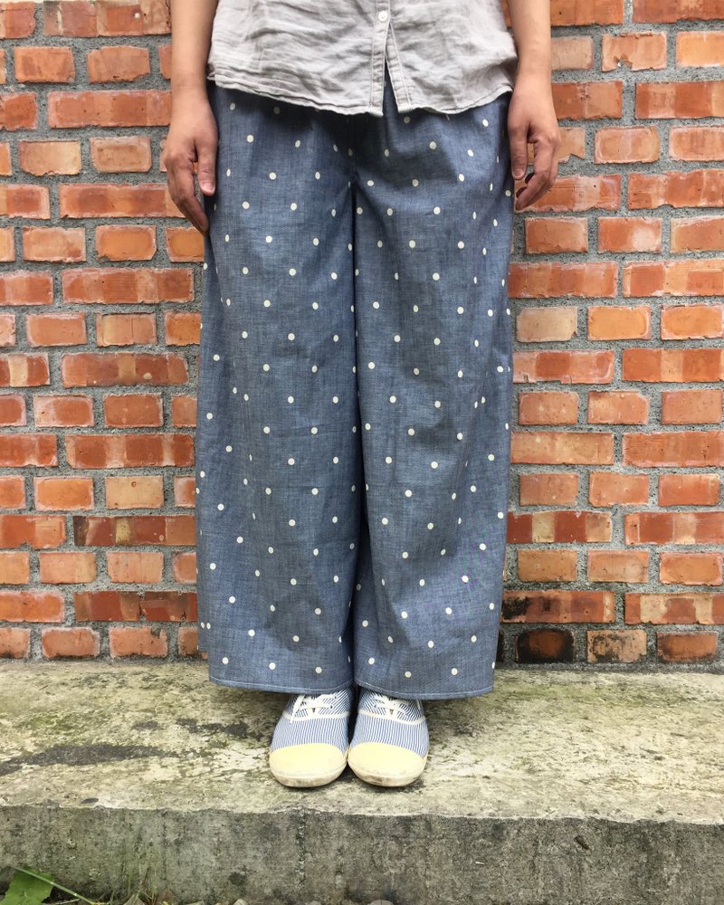 日式宽版口袋点点纯棉宽长裤 - 女装长裤 - 其他材质 蓝色