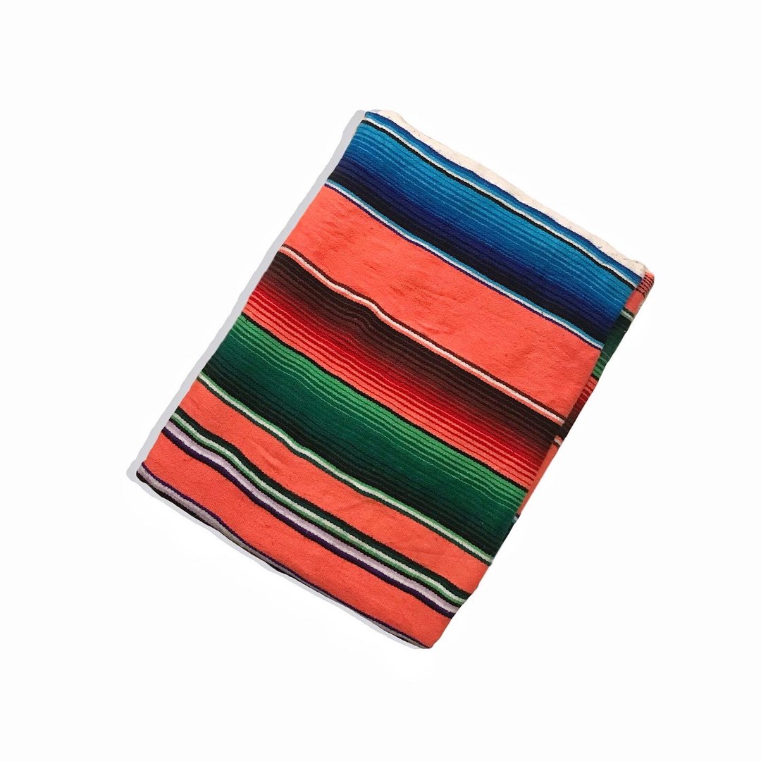 Vintage Mexico Serape 手工墨西哥萤光橘条纹毯子 - 地垫/地毯 - 其他材质 多色