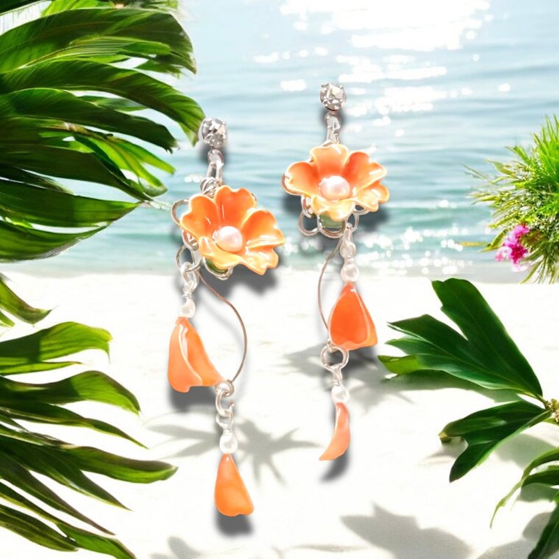 金莲花 ~ Dip耳针耳夹成人可爱初夏 Dip 花新品 - 耳环/耳夹 - 其他金属 橘色