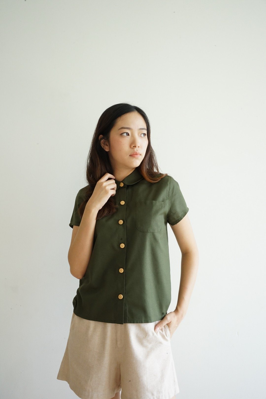 MAMEAW - cotton peter pan collar shirt (green) - 女装衬衫 - 棉 绿色