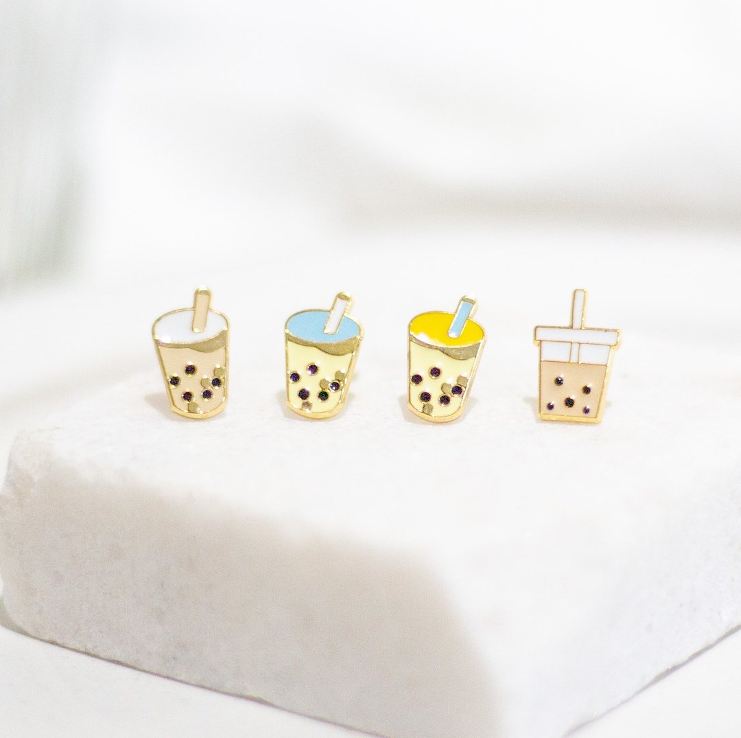 珍珠奶茶 Bubble milk tea 夹式耳环 外国朋友 送礼 生日礼物 - 耳环/耳夹 - 珐琅 金色