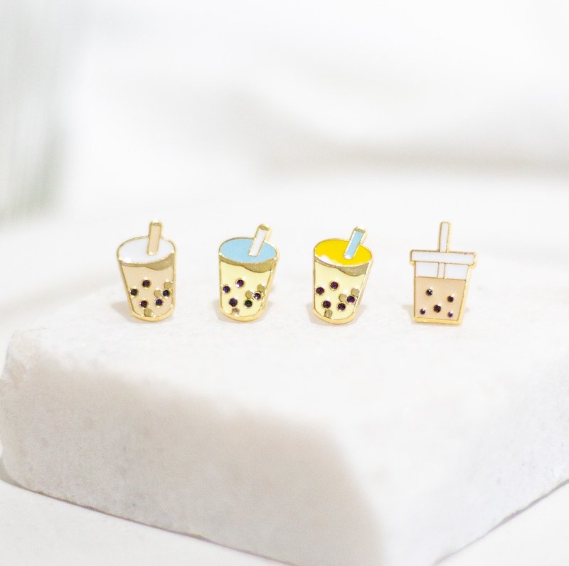 珍珠奶茶 Bubble milk tea 夹式耳环 外国朋友 送礼 生日礼物 - 耳环/耳夹 - 珐琅 金色