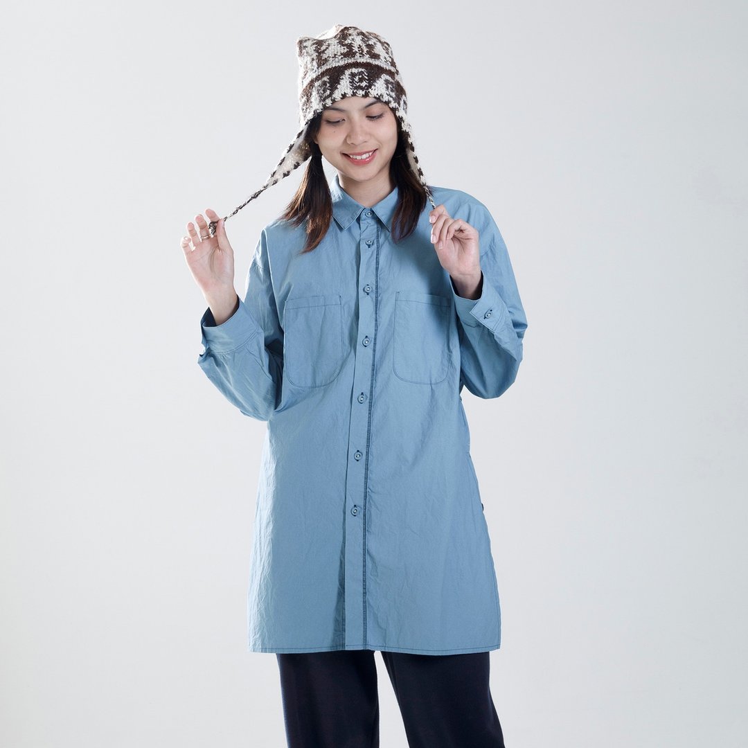 新颖前长后短绑带衬衫 - 女装衬衫 - 棉．麻 蓝色