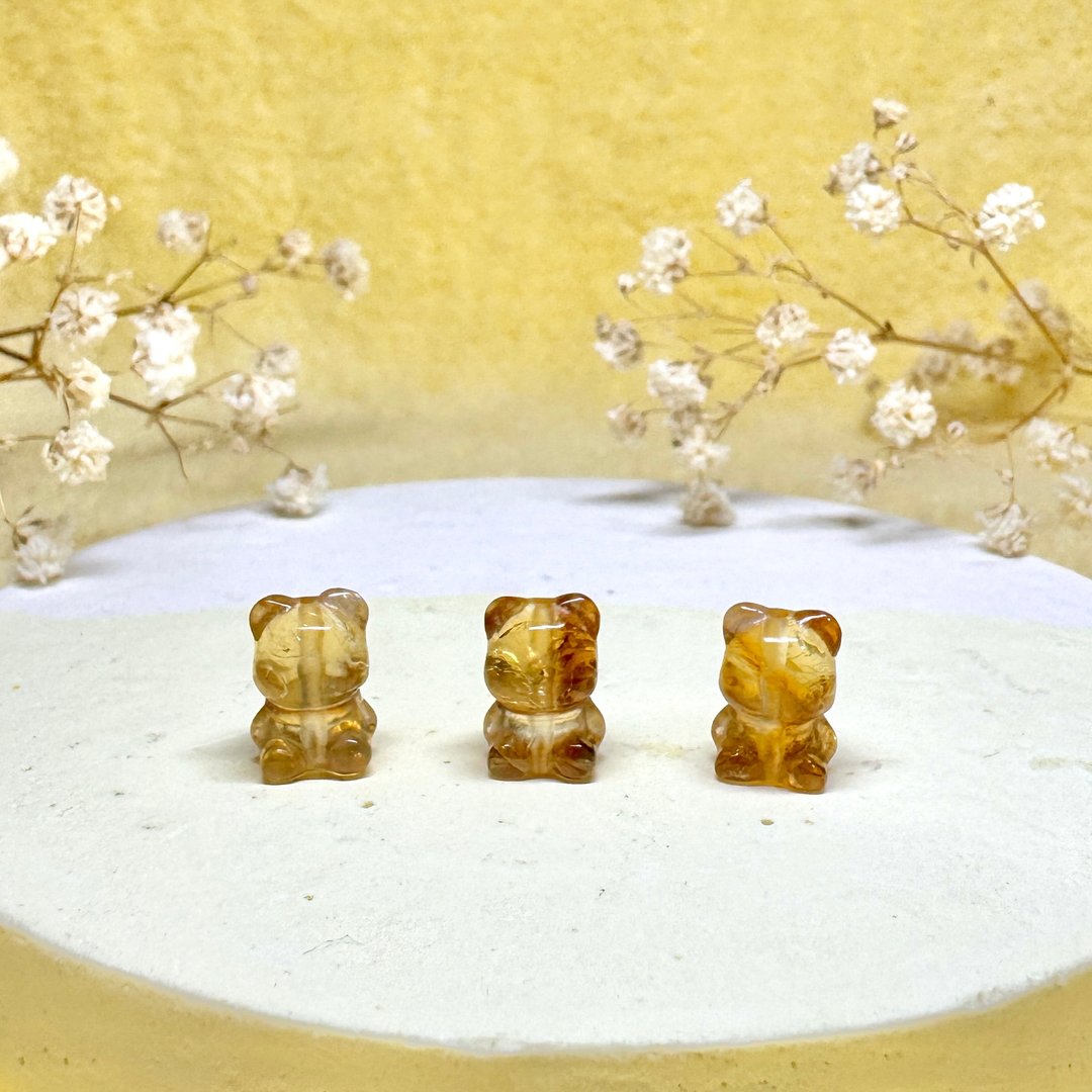 天然黄水晶迷你小熊项链/手链/手珠 可爱造型雕刻矿石饰品 - 项链 - 水晶 黄色